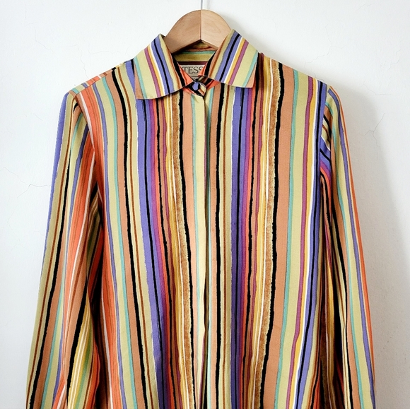 Vintage Tess 100% Silk Multi-colored Striped Long Sleeve Shirt Size S - Picture 4 of 16